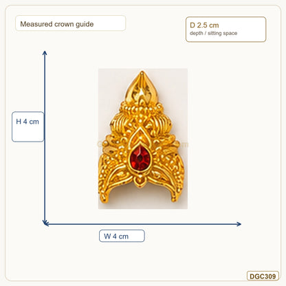 Small Deity Mini Jwala Gold Plated Crown with Red Stone measurement guide showing 4 x 4 x 2.5 cm Height x Width x Depth