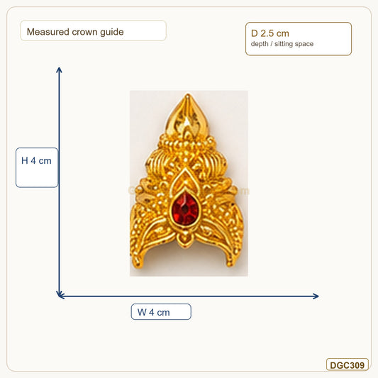 Small Deity Mini Jwala Gold Plated Crown with Red Stone measurement guide showing 4 x 4 x 2.5 cm Height x Width x Depth