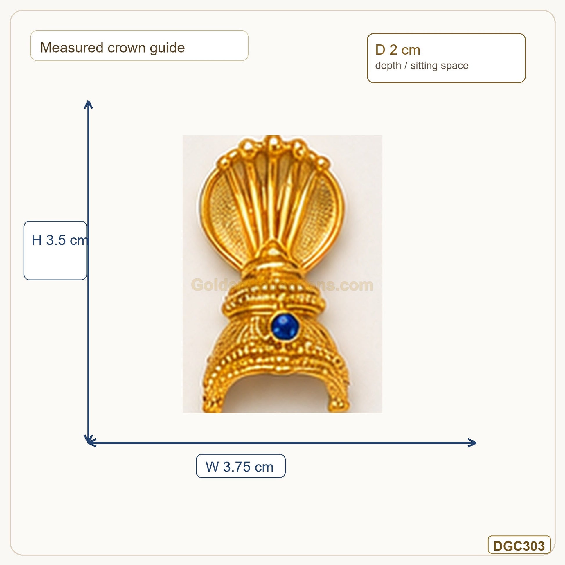 Small Deity Shell Style Gold Plated Crown with Blue Stone measurement guide showing 3.5 x 3.75 x 2 cm Height x Width x Depth