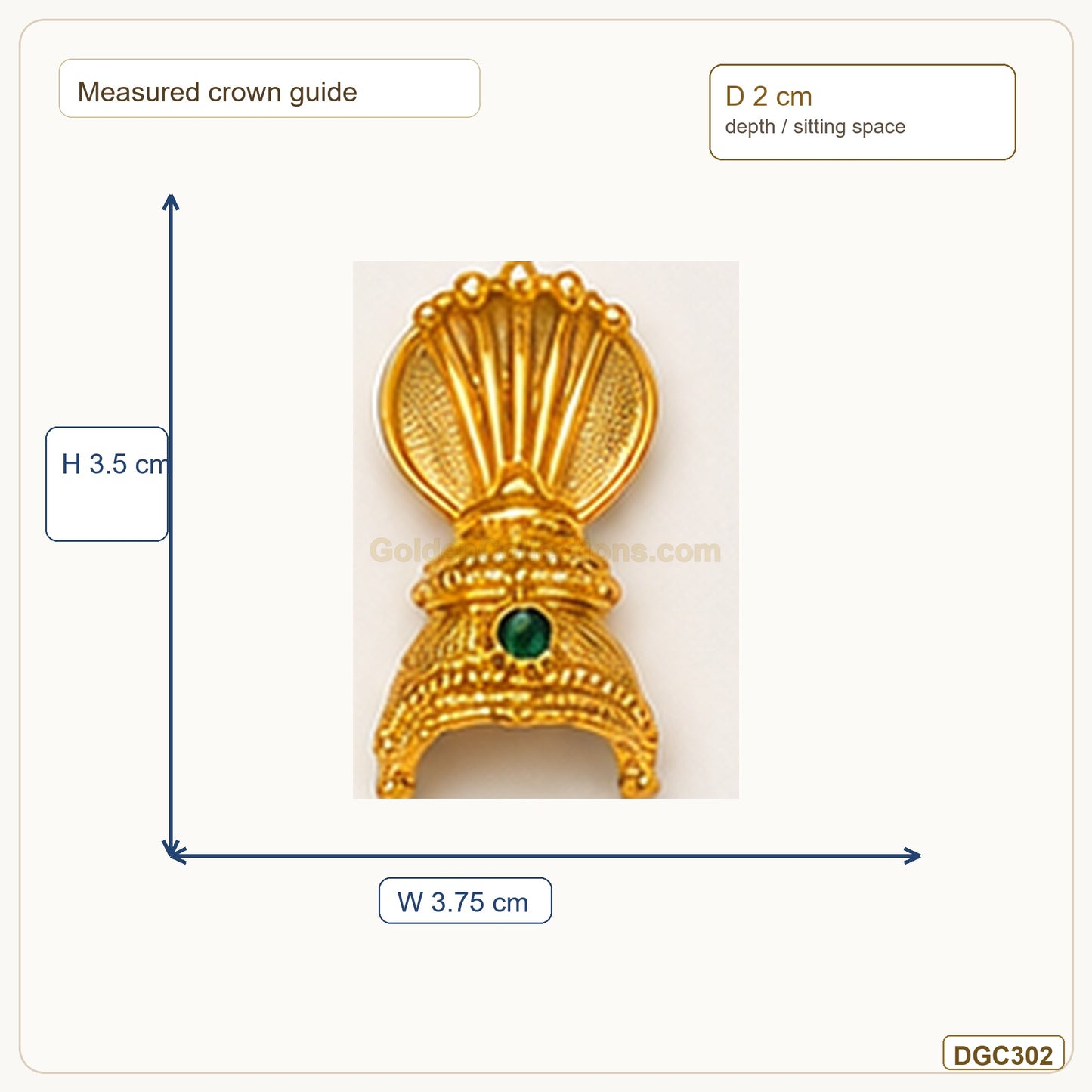 Small Deity Shell Style Gold Plated Crown with Green Stone measurement guide showing 3.5 x 3.75 x 2 cm Height x Width x Depth