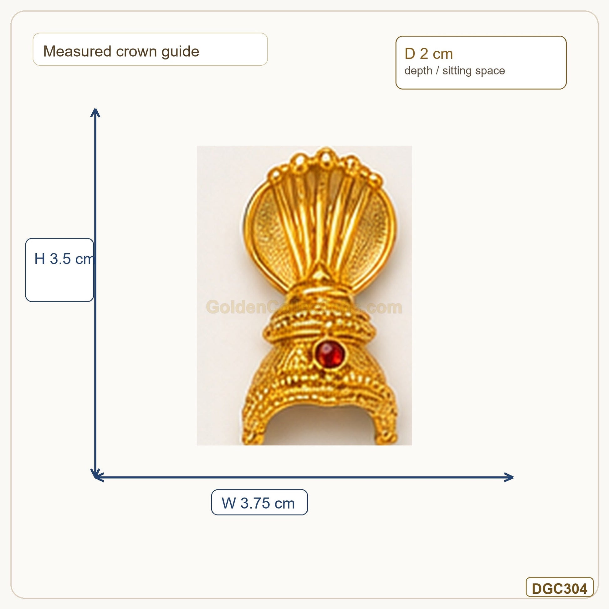 Small Deity Shell Style Gold Plated Crown with Red Stone measurement guide showing 3.5 x 3.75 x 2 cm Height x Width x Depth