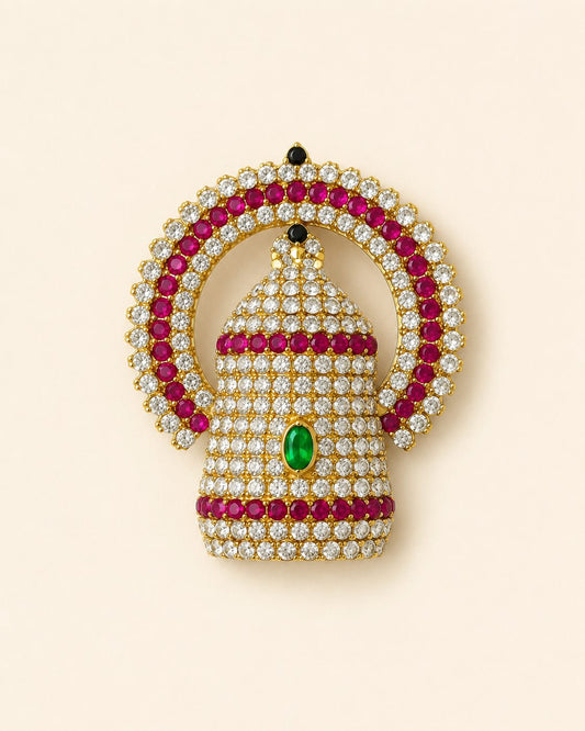 Small deity half round mukut with pink, green and white stones for idol alankaram