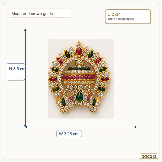 Small Deity Round Stone Gold Plated Crown with Multicolor Stones measurement guide showing 3.5 x 3.25 x 2 cm Height x Width x Depth