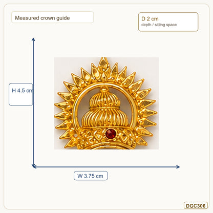 Small Deity Sun Jwala Gold Plated Crown with Red Stone measurement guide showing 4.5 x 3.75 x 2 cm Height x Width x Depth