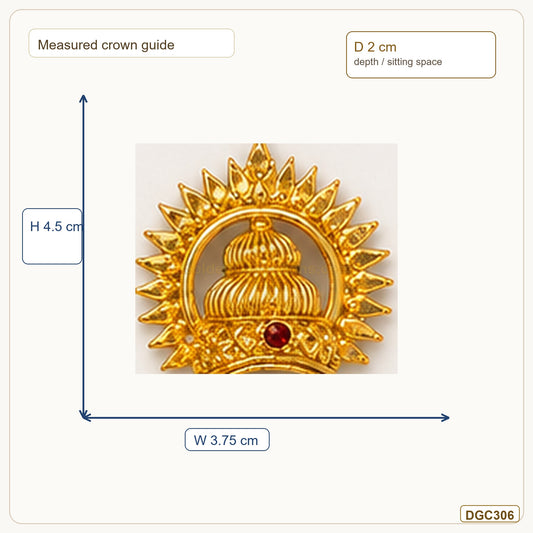 Small Deity Sun Jwala Gold Plated Crown with Red Stone measurement guide showing 4.5 x 3.75 x 2 cm Height x Width x Depth