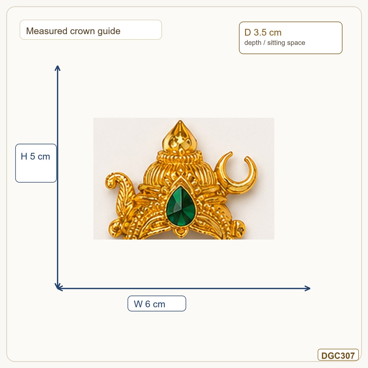 Small Deity Swan Style Gold Plated Crown with Green Stone measurement guide showing 5 x 6 x 3.5 cm Height x Width x Depth