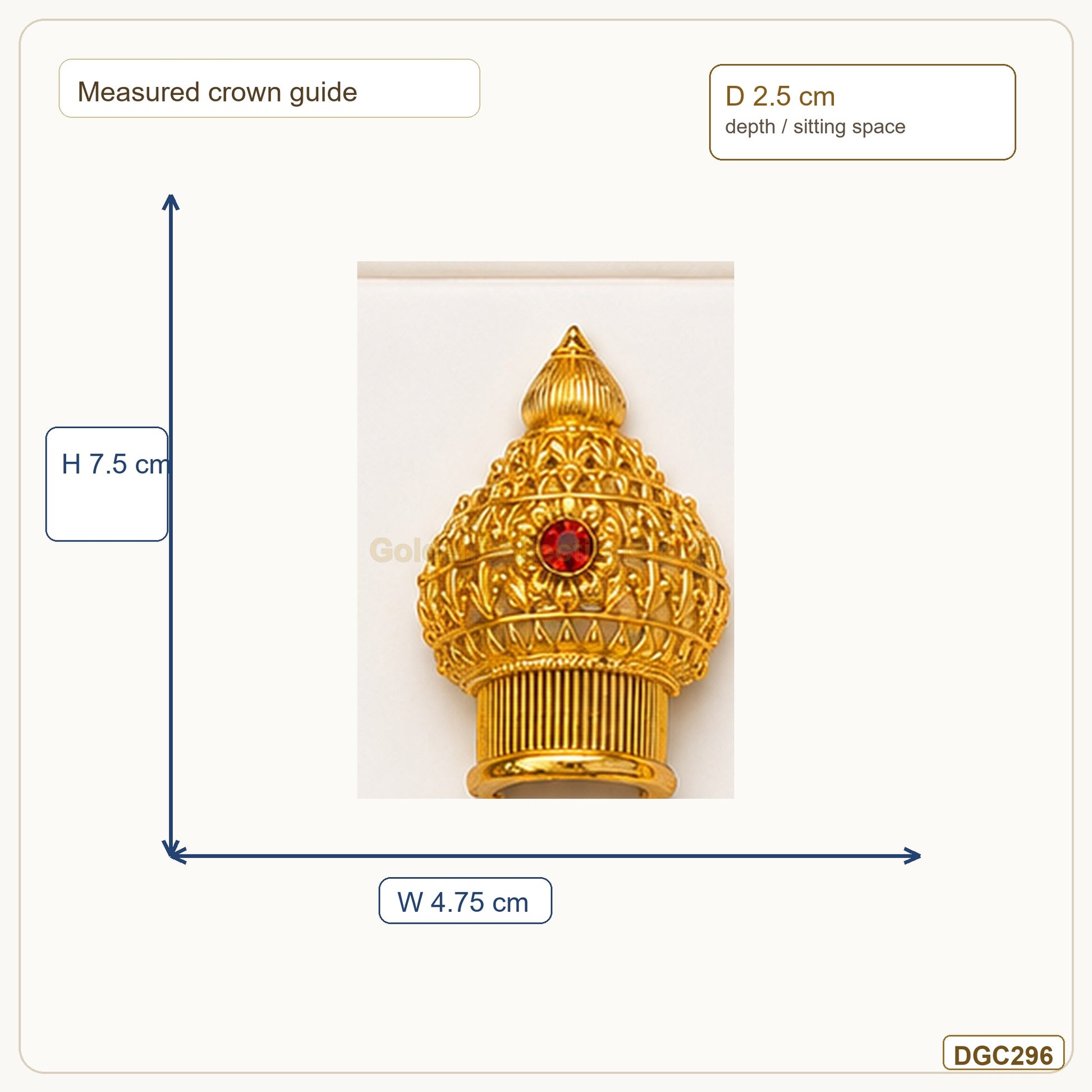 Small Deity Large Tall Mukut Gold Plated Crown with Red Stone measurement guide showing 7.5 x 4.75 x 2.5 cm Height x Width x Depth