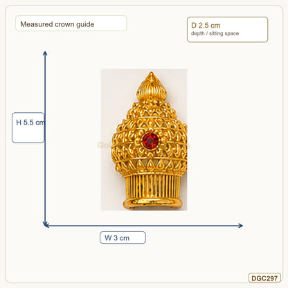 Small Deity Medium Tall Mukut Gold Plated Crown with Red Stone measurement guide showing 5.5 x 3 x 2.5 cm Height x Width x Depth