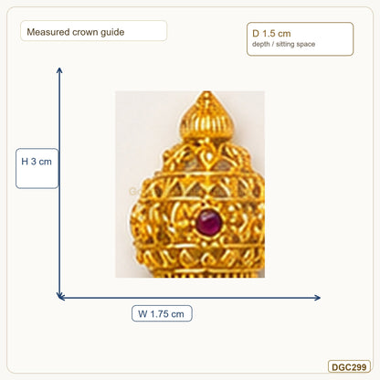 Small Deity Mini Tall Mukut Gold Plated Crown with Purple Stone measurement guide showing 3 x 1.75 x 1.5 cm Height x Width x Depth