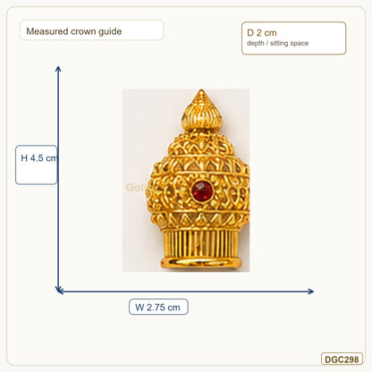 Small Deity Small Tall Mukut Gold Plated Crown with Red Stone measurement guide showing 4.5 x 2.75 x 2 cm Height x Width x Depth