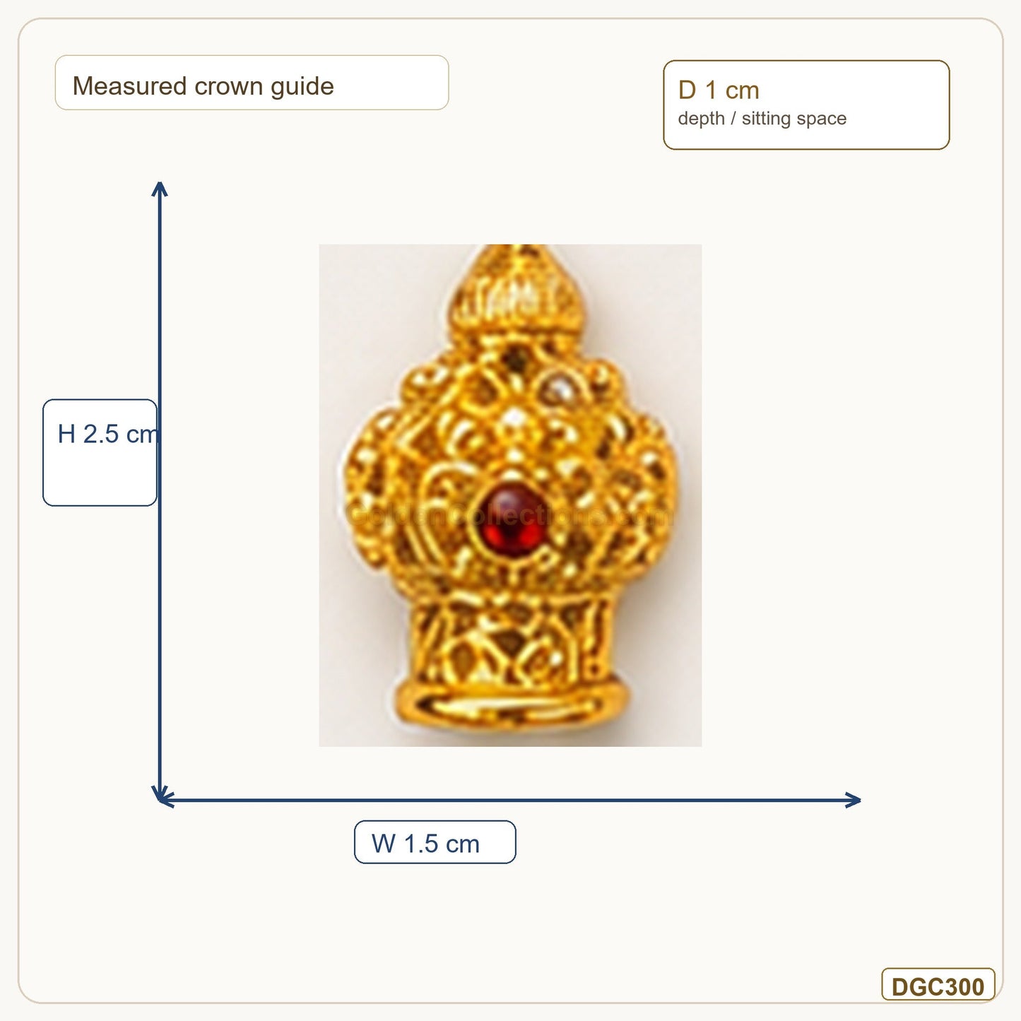 Small Deity Tiny Tall Mukut Gold Plated Crown with Red Stone measurement guide showing 2.5 x 1.5 x 1 cm Height x Width x Depth