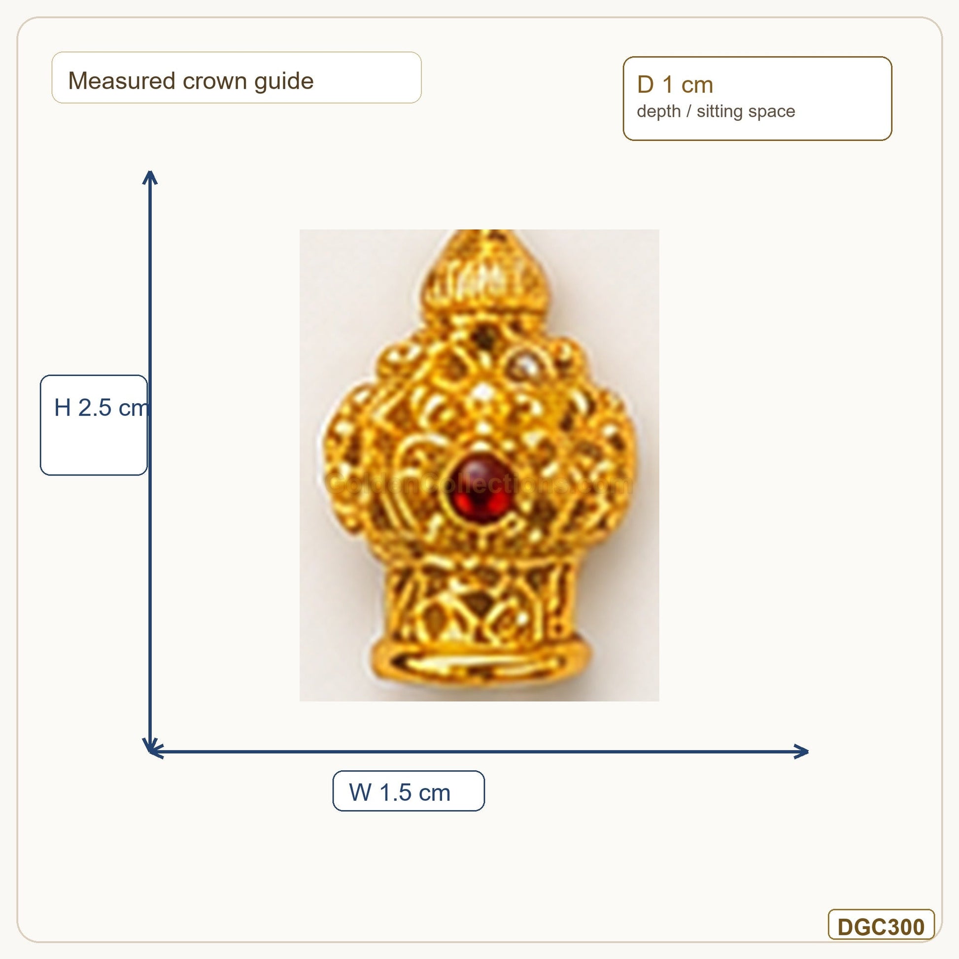 Small Deity Tiny Tall Mukut Gold Plated Crown with Red Stone measurement guide showing 2.5 x 1.5 x 1 cm Height x Width x Depth