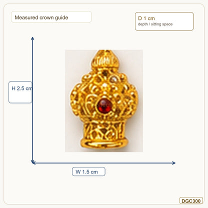 Small Deity Tiny Tall Mukut Gold Plated Crown with Red Stone measurement guide showing 2.5 x 1.5 x 1 cm Height x Width x Depth