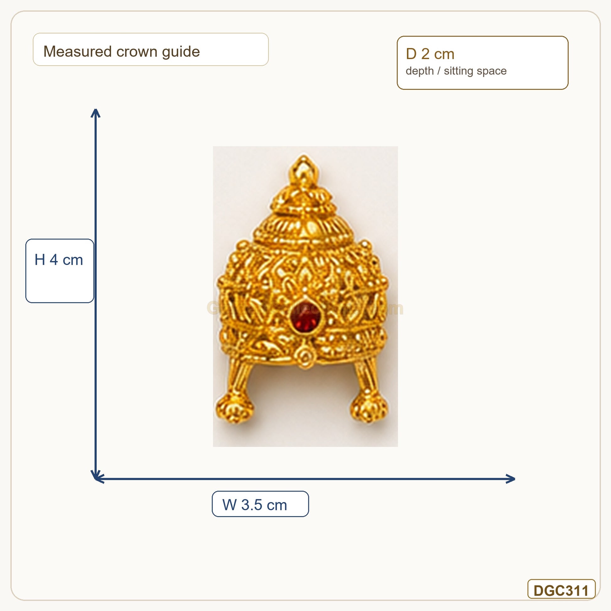 Small Deity Temple Style Gold Plated Crown with Red Stone measurement guide showing 4 x 3.5 x 2 cm Height x Width x Depth