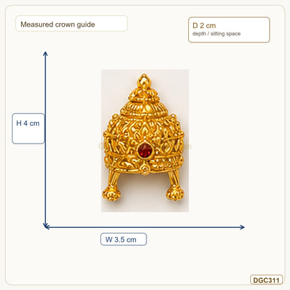 Small Deity Temple Style Gold Plated Crown with Red Stone measurement guide showing 4 x 3.5 x 2 cm Height x Width x Depth