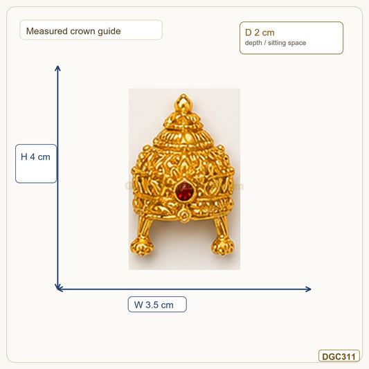 Small Deity Temple Style Gold Plated Crown with Red Stone measurement guide showing 4 x 3.5 x 2 cm Height x Width x Depth