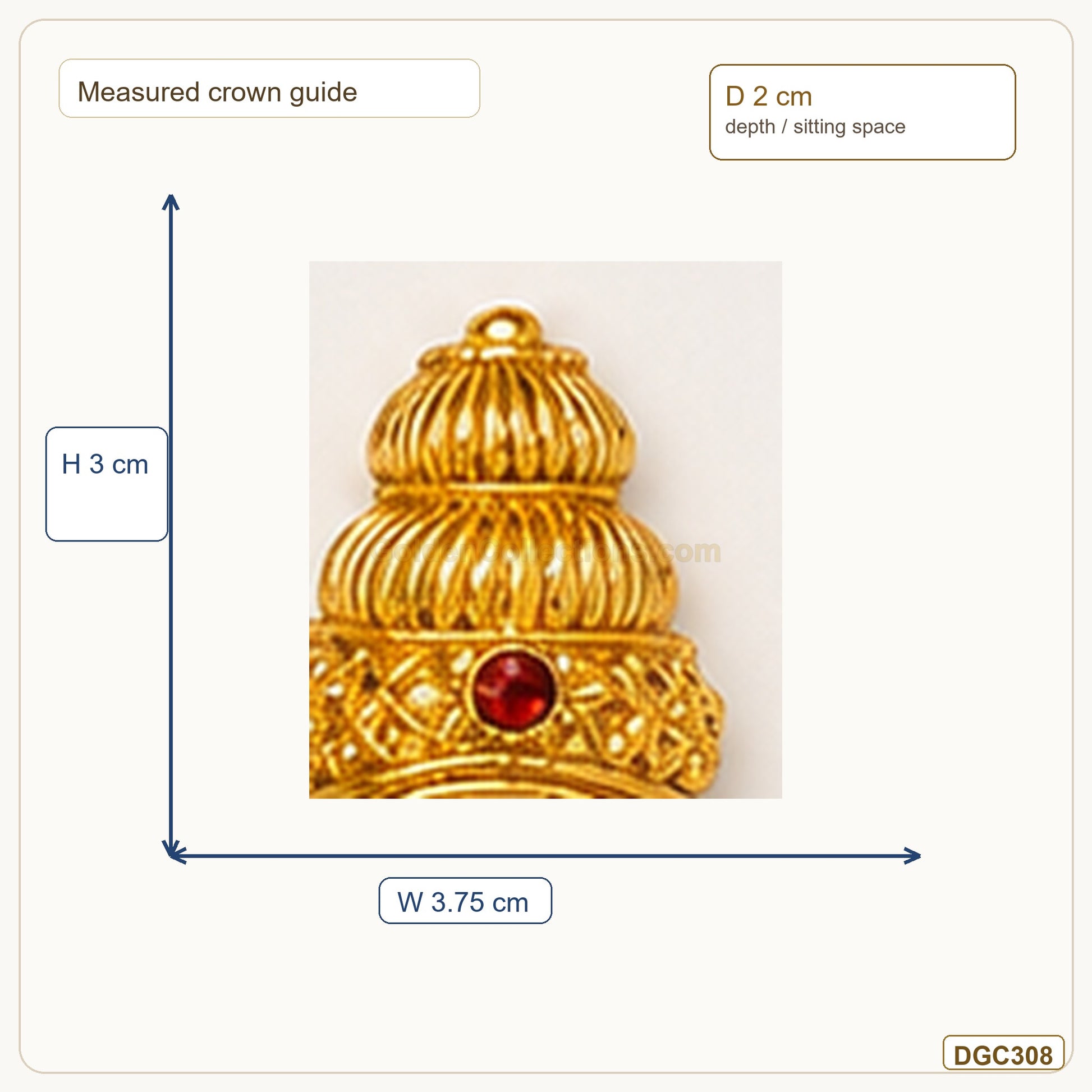 Small Deity Tiered Small Gold Plated Crown with Red Stone measurement guide showing 3 x 3.75 x 2 cm Height x Width x Depth