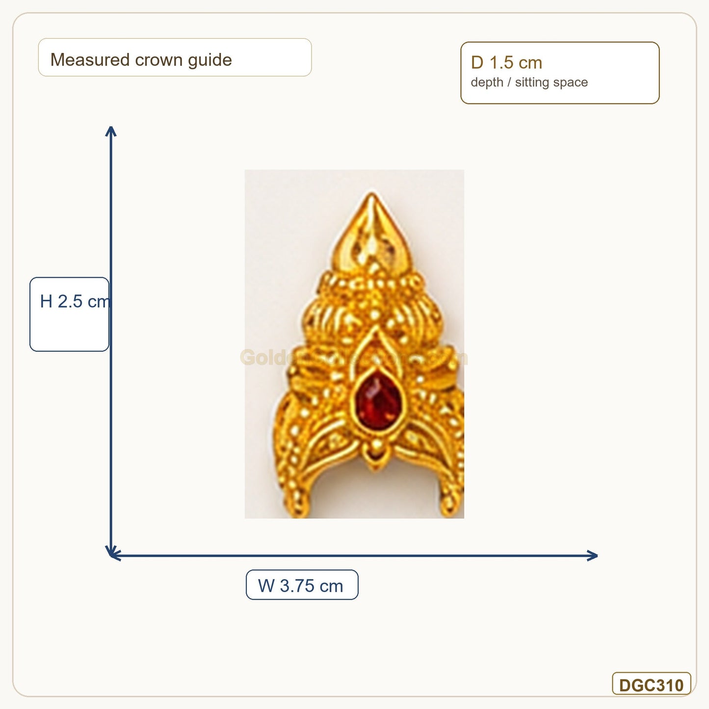 Small Deity Tiny Jwala Gold Plated Crown with Red Stone measurement guide showing 2.5 x 3.75 x 1.5 cm Height x Width x Depth