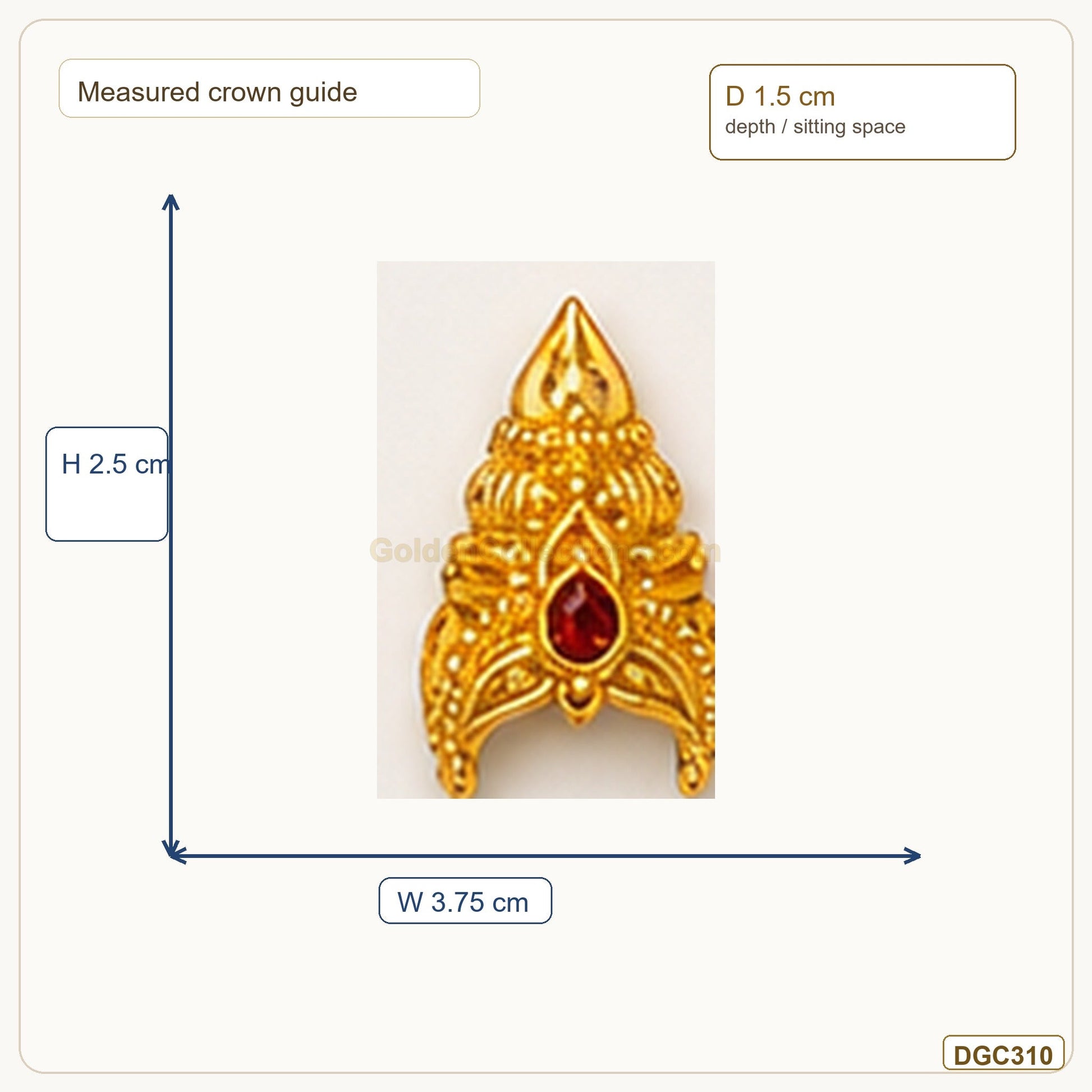Small Deity Tiny Jwala Gold Plated Crown with Red Stone measurement guide showing 2.5 x 3.75 x 1.5 cm Height x Width x Depth