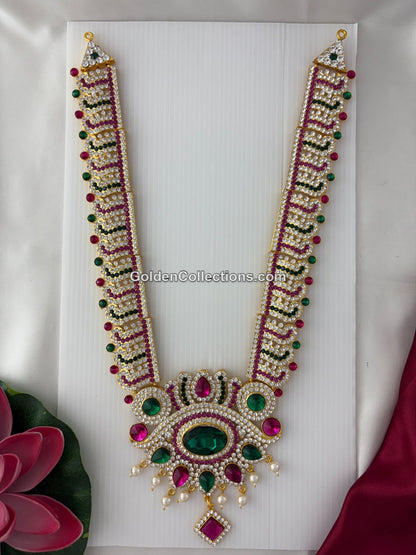 Varalakshmi long deity necklace with oval green centre stone and pearl drops - DLN-207 front view