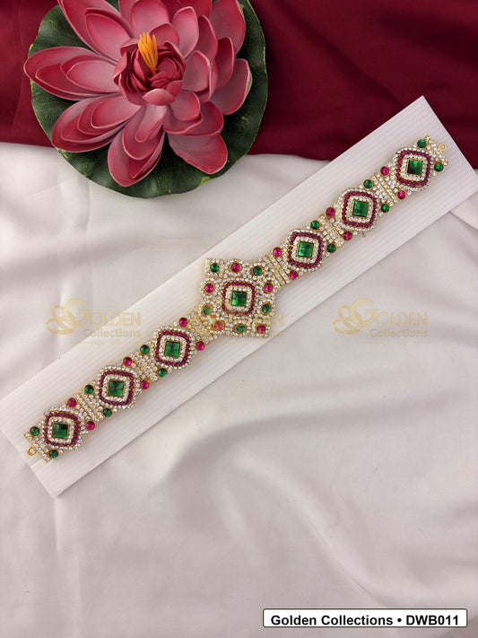 Front view of Grand Deity Waist Belt Vaddanam for Idols showing gold-plated vaddanam-style waist belt design with stone detailing