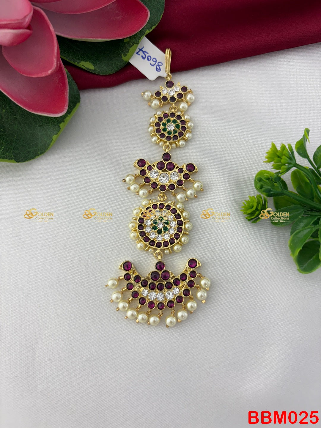 Grand Kemp Maang Tikka Nethichutti Temple Jewellery with pearls for Bharatanatyam Arangetram