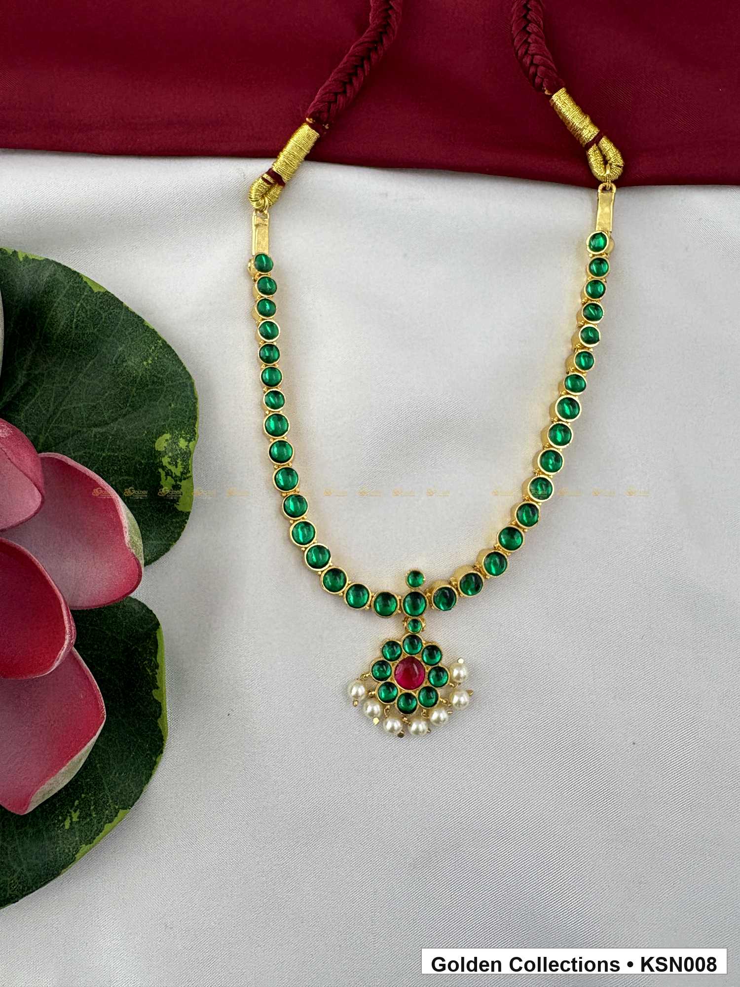 Angled product view of Green Bead Real Kemp Short Necklace with Pendant from Golden Collections