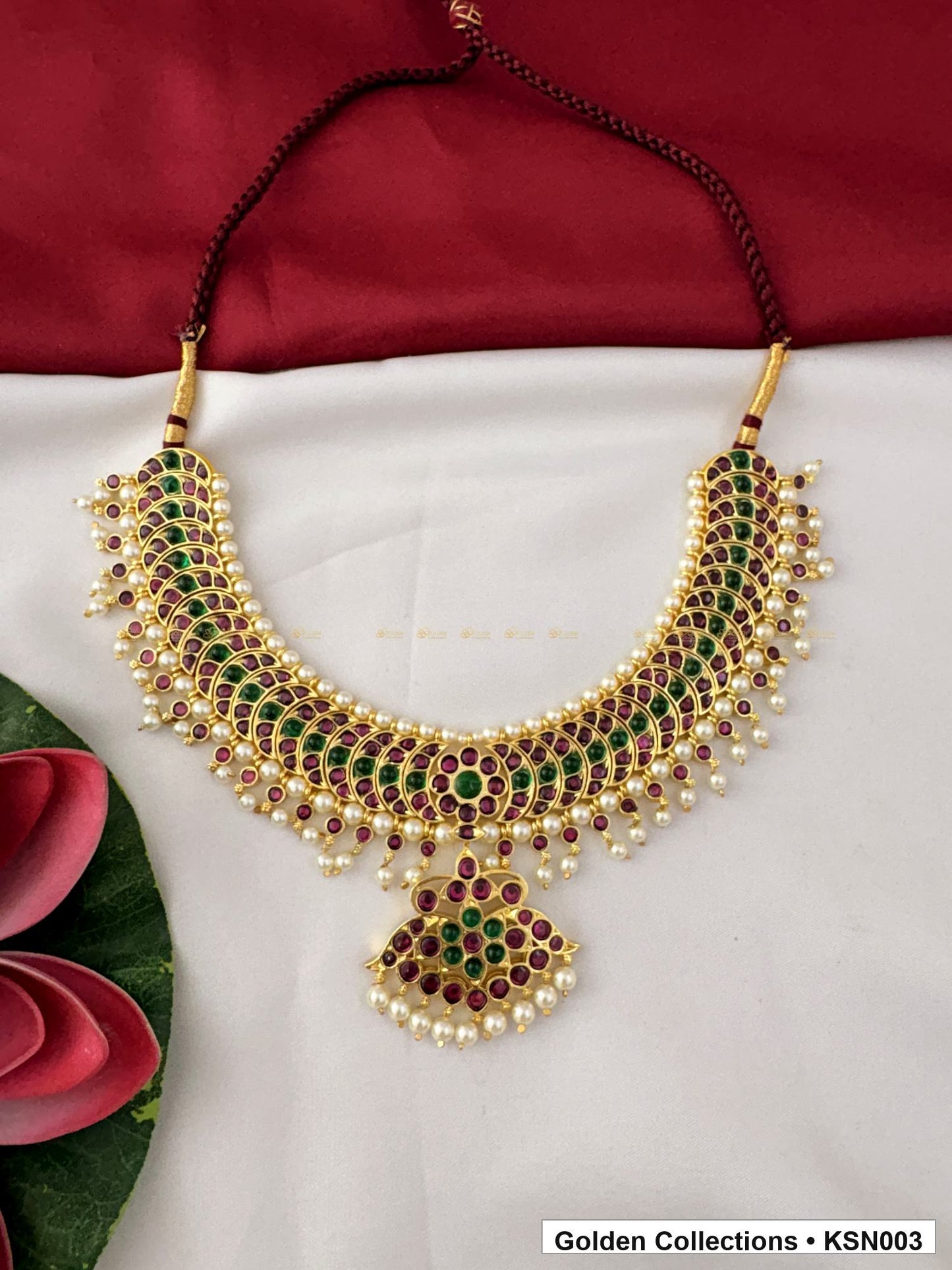 Front view of Green Red Stone Real Kemp Crescent Short Necklace from Golden Collections