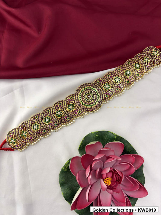 Front view of Green Red Stone Real Kemp Vaddanam Waist Belt from Golden Collections