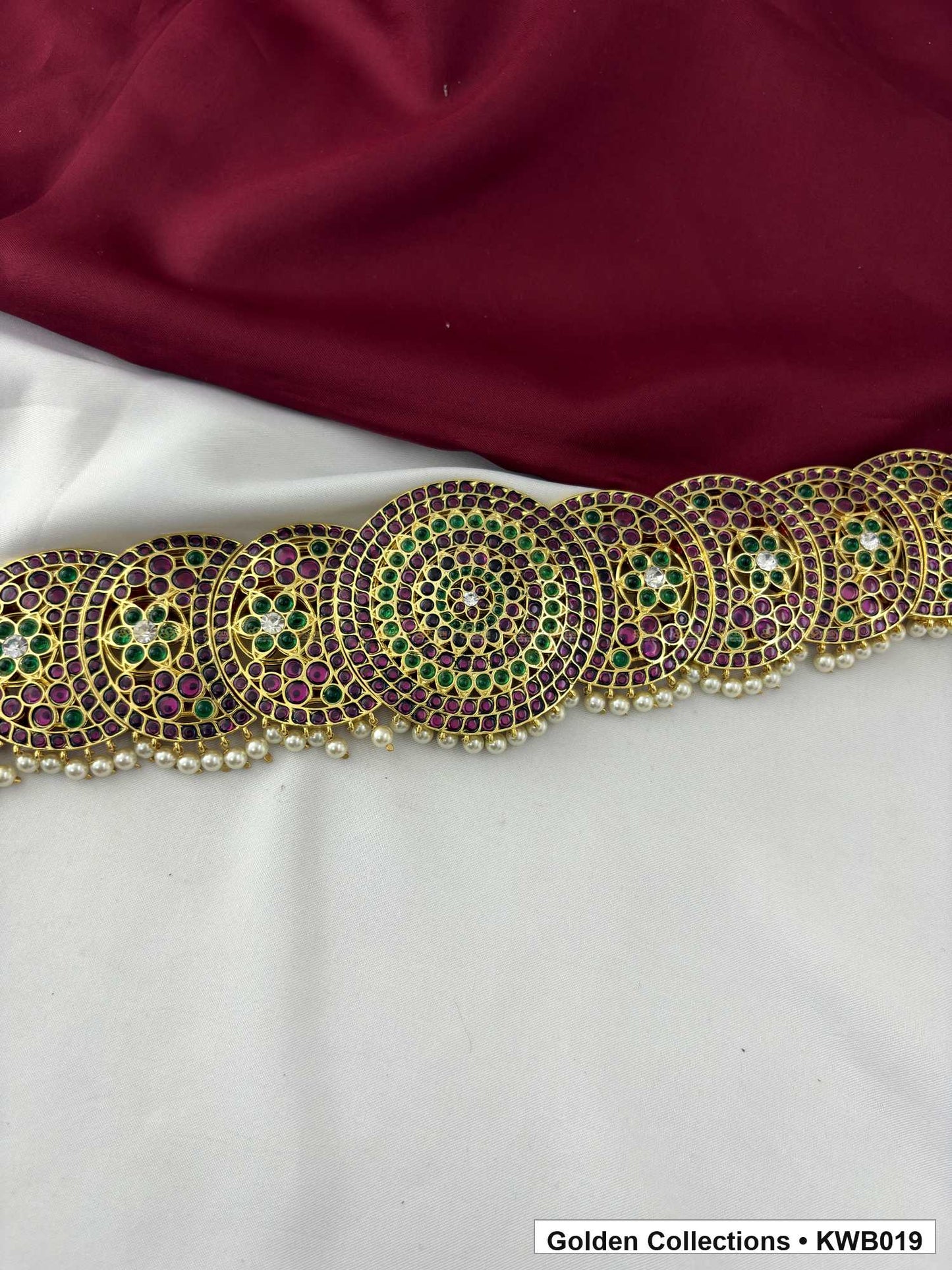 Detail view of Green Red Stone Real Kemp Vaddanam Waist Belt from Golden Collections