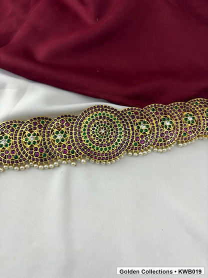 Detail view of Green Red Stone Real Kemp Vaddanam Waist Belt from Golden Collections