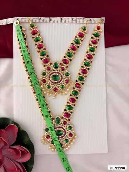 Measurement photo of deity long haram set with measuring tape for idol alankaram size reference