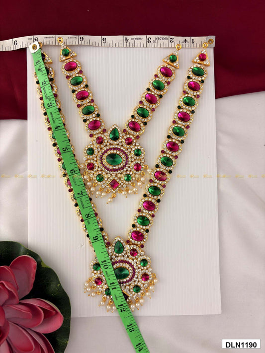 Measurement photo of deity long haram set with measuring tape for idol alankaram size reference