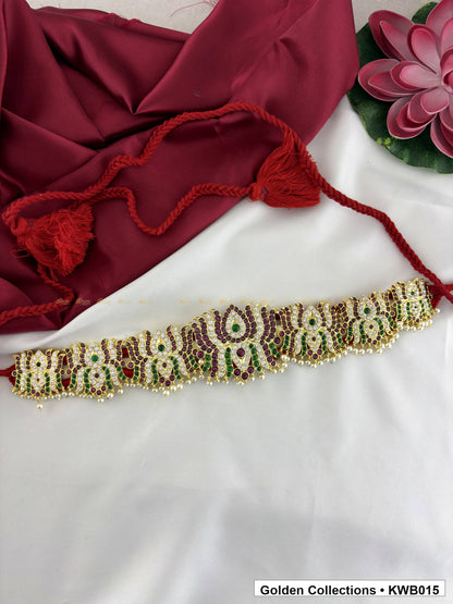 Angled product view of Green Stone Real Kemp Vaddanam Waist Belt from Golden Collections