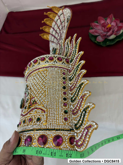 Side view of the half-round deity stone crown with a tape measure wrapped around its base.
