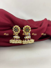 Real Kemp Jhumka Earrings for Bharatanatyam and Kuchipudi BBE007 with red-green kemp stones