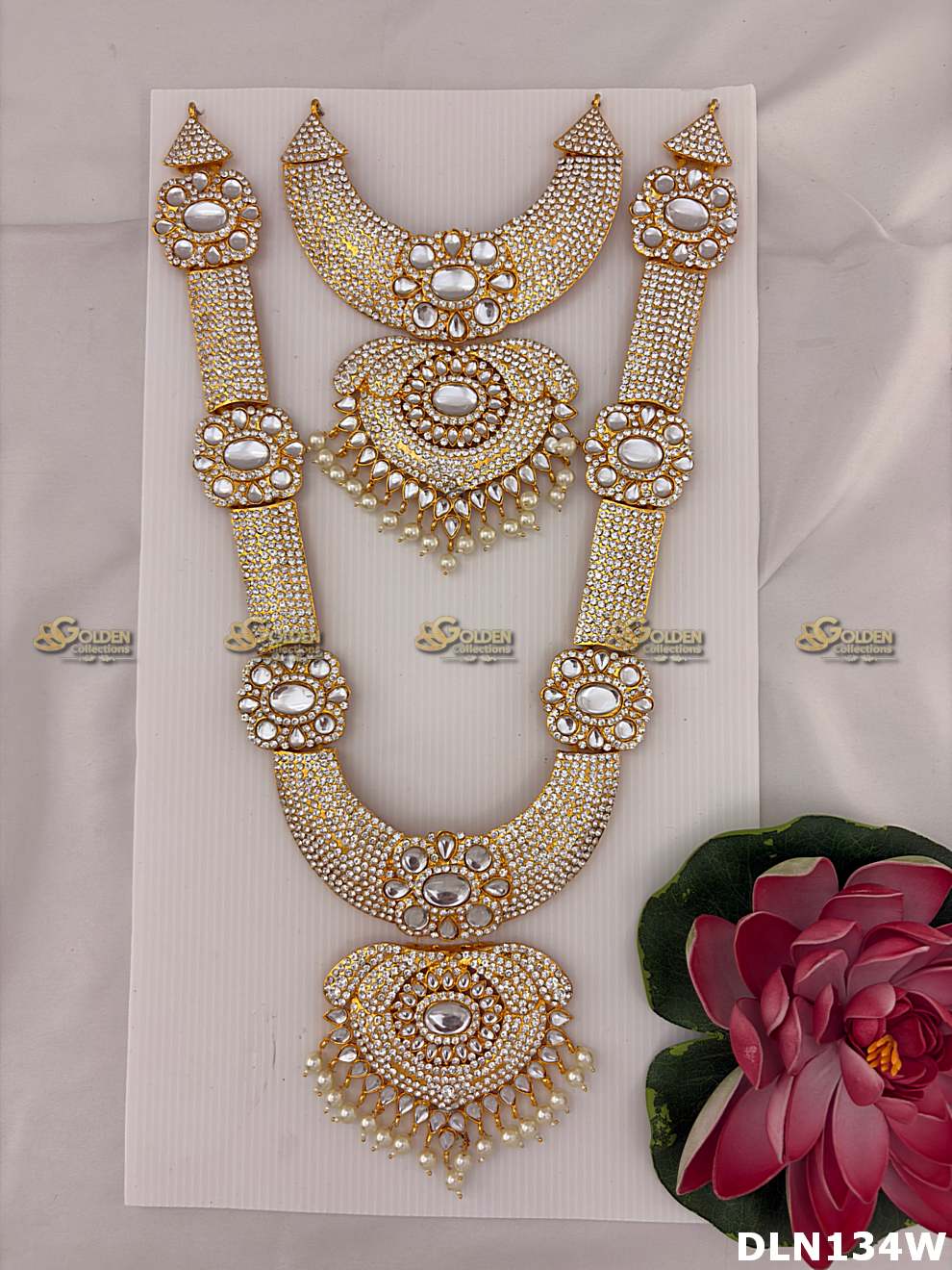 long necklace for Hindu god and goddess idol alankaram White Stone