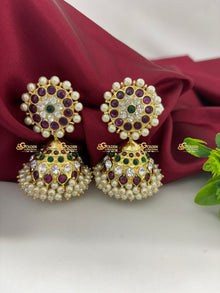 Real Kemp Jhumka Earrings for Bharatanatyam and Kuchipudi BBE003 with red-green kemp stones