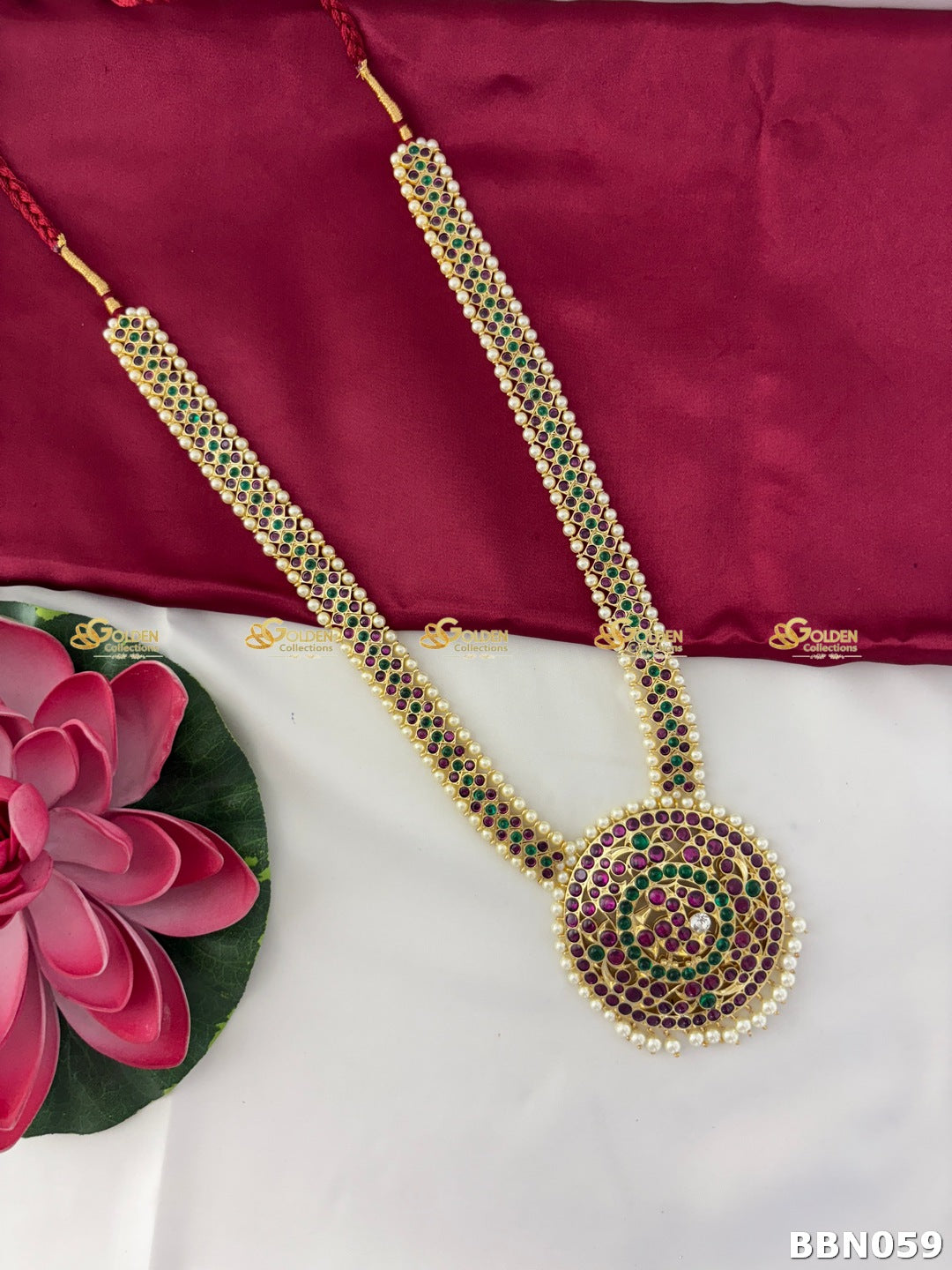 Kemp Arangetram Long Haram Necklace with Pearl Border for Bharatanatyam