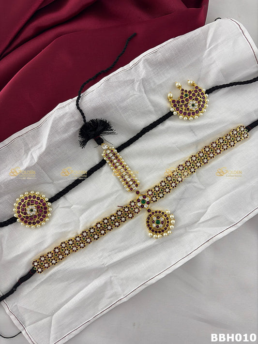 Bharatanatyam head jewellery set with kemp stones and pearl drops