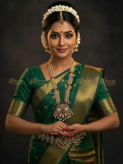 Golden Collections Kemp Long Necklace - Model dancer wearing Gold Plated peacock haram with green Bharatanatyam saree.