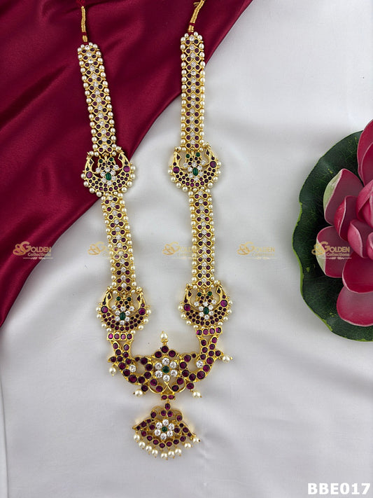 Real Kemp Temple Long Haram for Bharatanatyam and Kuchipudi BBN017 with red-green kemp stones