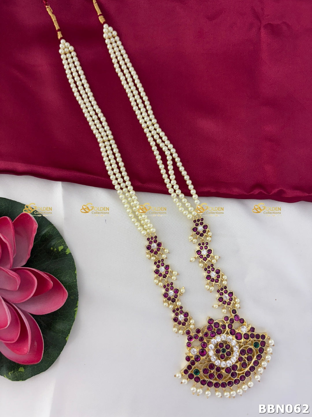 Real Kemp Temple Long Haram for Bharatanatyam and Kuchipudi BBN062 with red-green kemp stones
