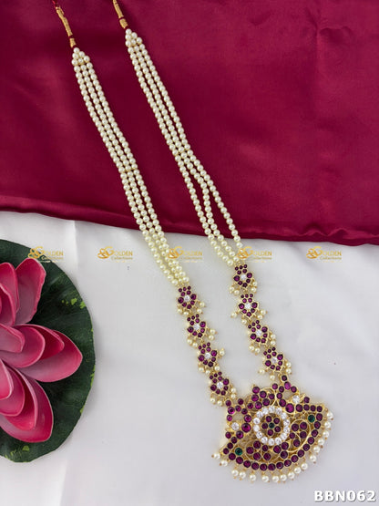 Real Kemp Temple Long Haram for Bharatanatyam and Kuchipudi BBN062 with red-green kemp stones