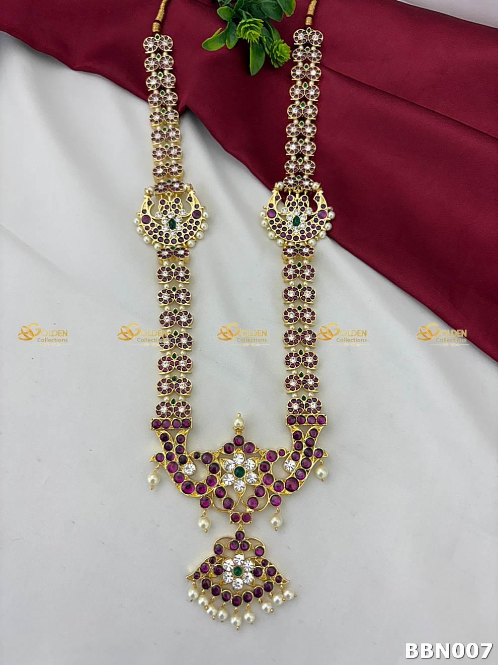 Real Kemp Temple Long Haram for Bharatanatyam and Kuchipudi BBN007 with red-green kemp stones