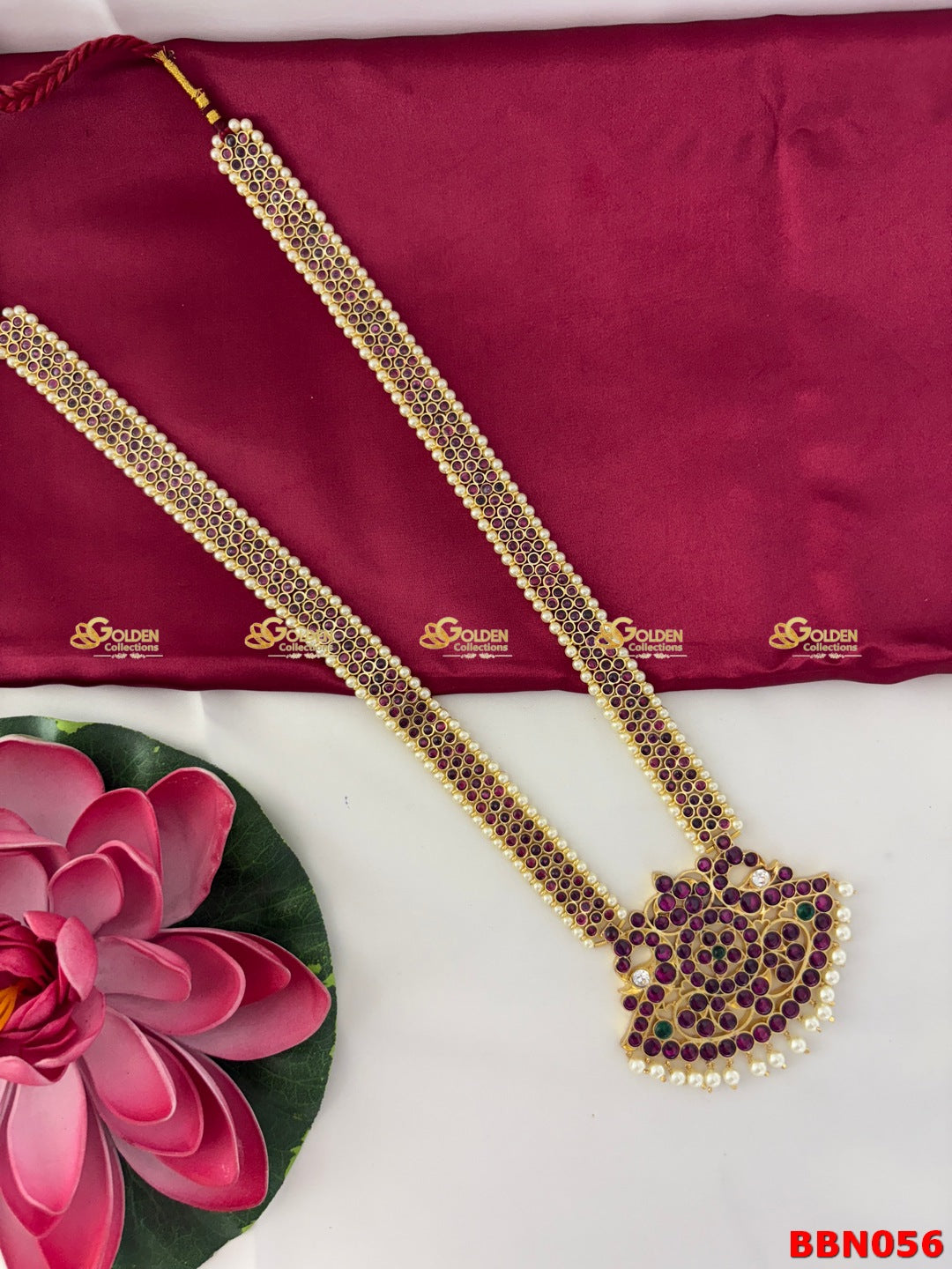 Real Kemp Pearl Long Haram for Bharatanatyam and Kuchipudi BBN056 with red-green kemp stones with pearl accents
