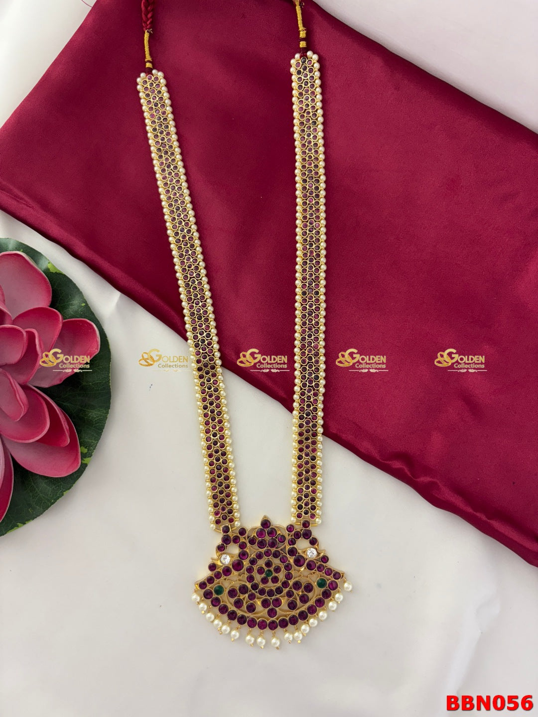 Kemp Bharatanatyam Long Necklace Haram with Pearls – Golden Collections