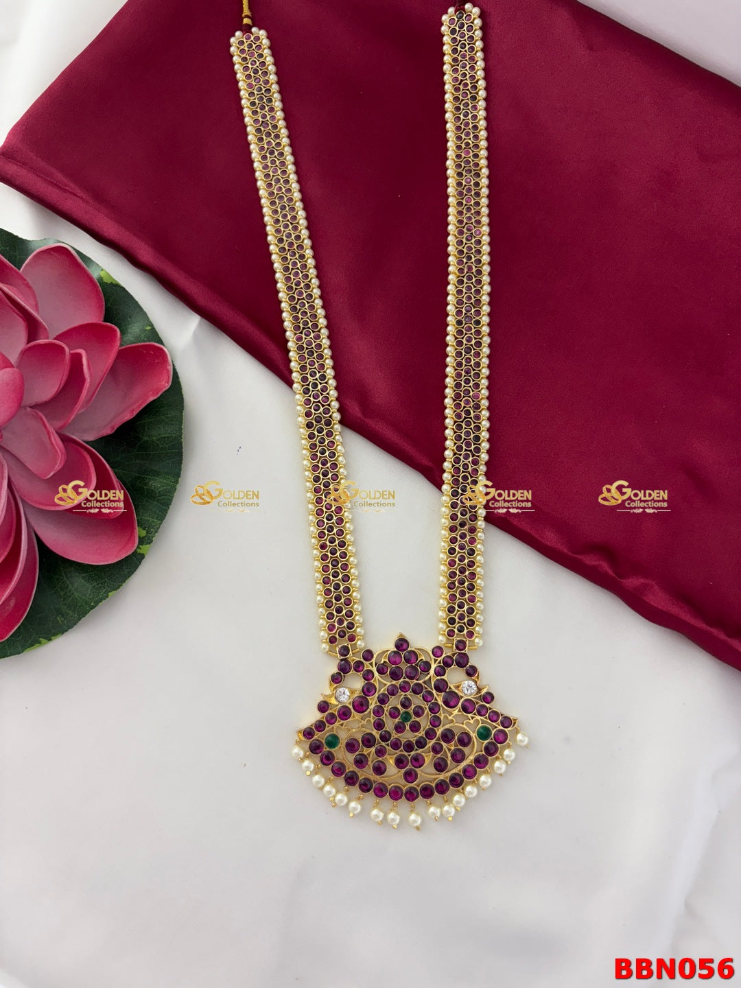 Shop Kemp Bharatanatyam Long Necklace Haram with pearls at GoldenCollections.com. Traditional temple jewelry for Bharatanatyam, Kuchipudi, arangetram & classical dance.