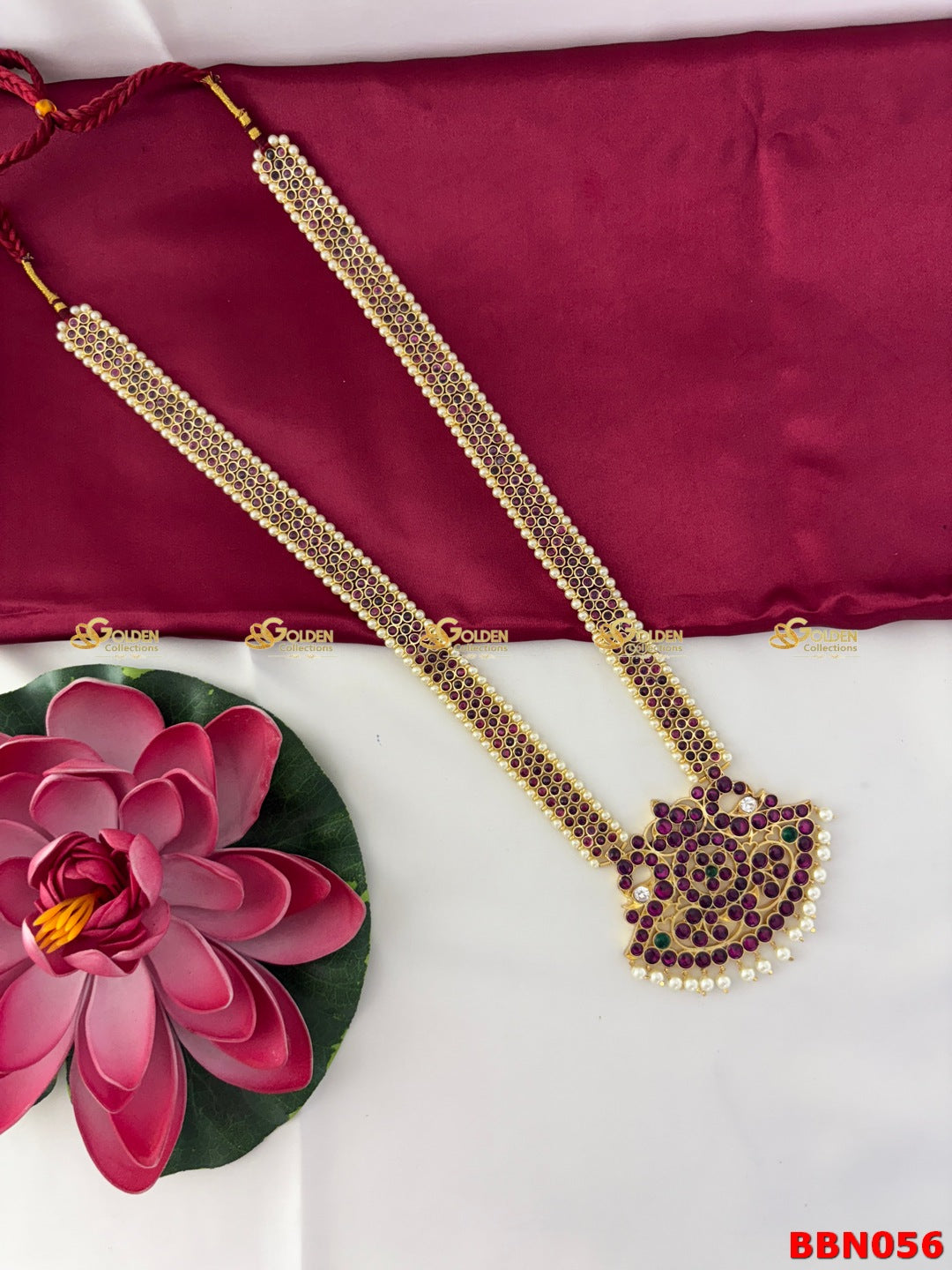Shop Kemp Bharatanatyam Long Necklace Haram with pearls at GoldenCollections.com. Traditional temple jewelry for Bharatanatyam, Kuchipudi, arangetram & classical dance