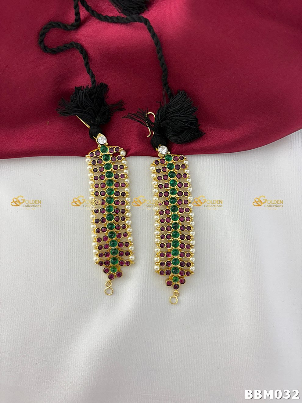 Kemp Bharatanatyam Mattal with red and green stones and pearl edging, traditional dance ear chain Matilu
